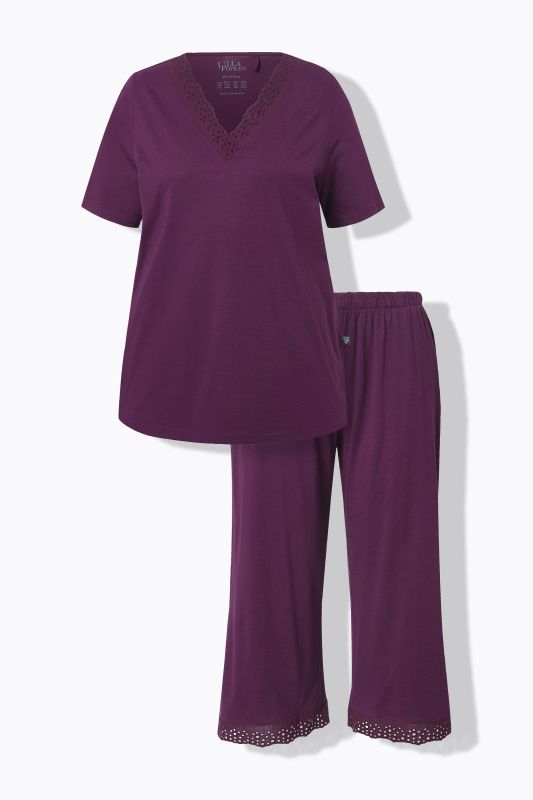Pyjama en modal mélangé, T-shirt à manches courtes, broderie ajourée
