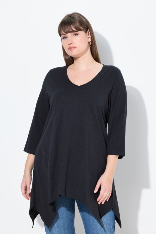 T-shirt, finition en pointe, col en V, manches 3/4, coton bio