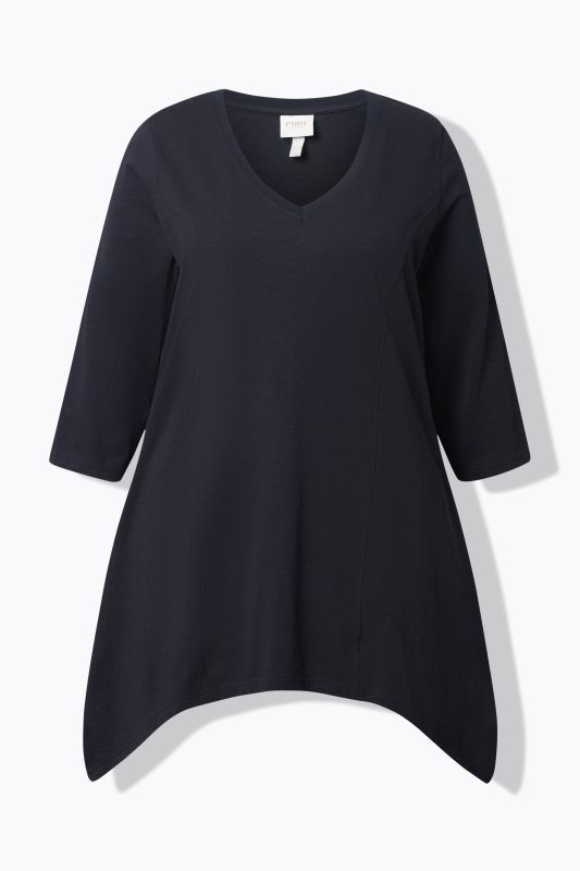 T-shirt, finition en pointe, col en V, manches 3/4, coton bio