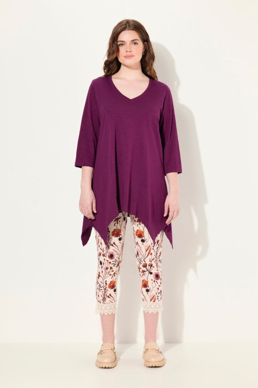 T-shirt, finition en pointe, col en V, manches 3/4, coton bio