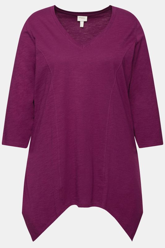 T-shirt, finition en pointe, col en V, manches 3/4, coton bio