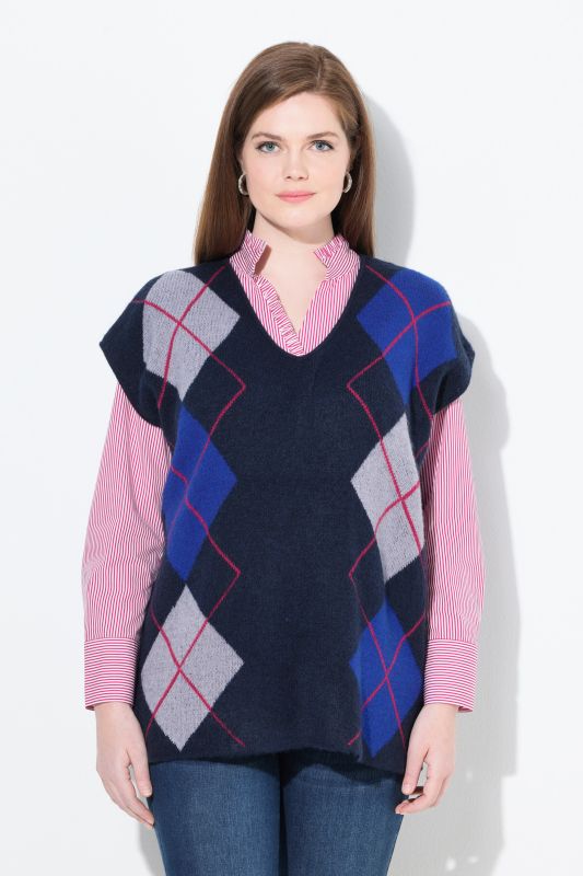 Pull sans manches, motif losanges, encolure en V