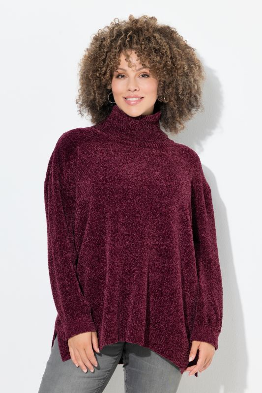 Pull oversize en maille chenille, col montant et manches longues