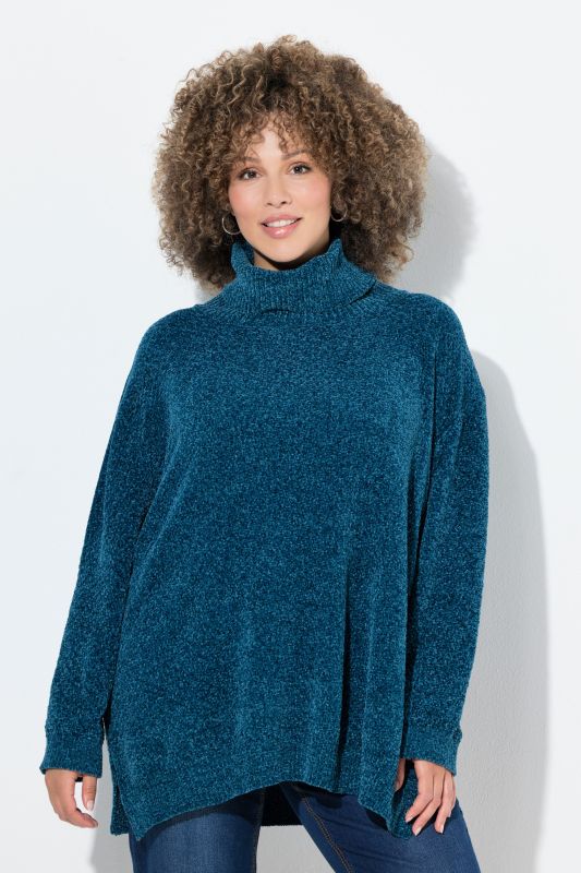Pull oversize en maille chenille, col montant et manches longues