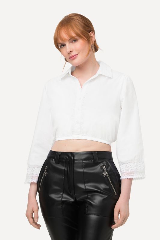 Chemisier traditionnel Dirndl. Col chemise et manches 3/4. Base élastique et dentelle