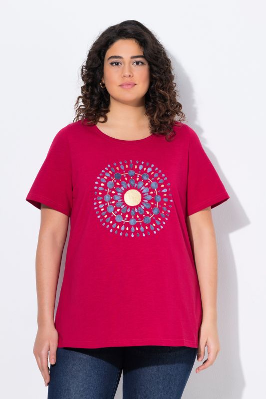 T-shirt motif mandala à col rond et manches courtes, coupe évasée