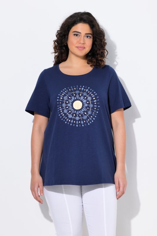 T-shirt motif mandala à col rond et manches courtes, coupe évasée