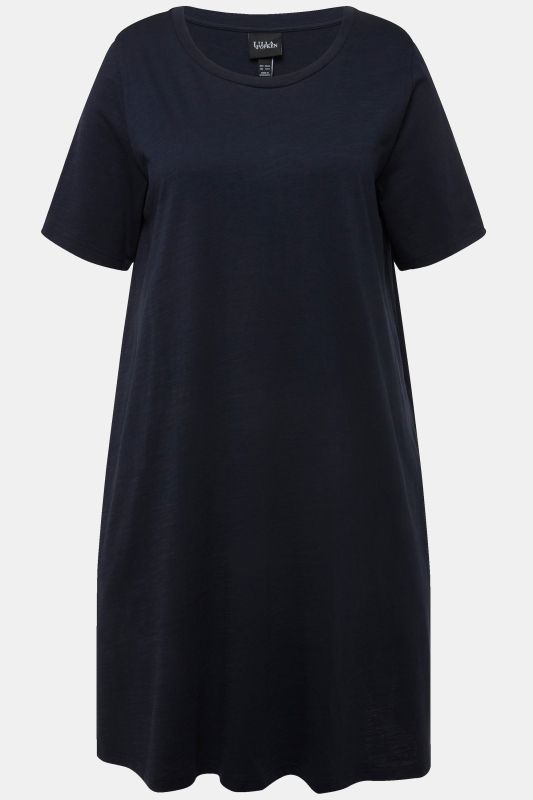 Robe en jersey avec poches, coupe évasée, col rond et manches courtes