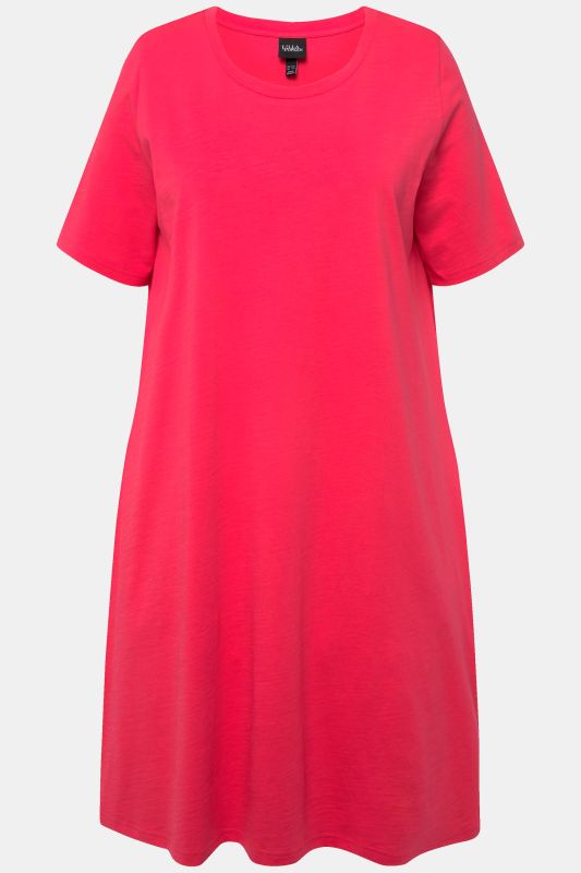Robe en jersey avec poches, coupe évasée, col rond et manches courtes