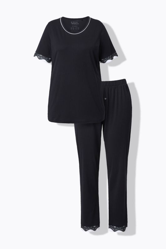Pyjama deux pièces, T-shirt décolleté rond et manches courtes, liserés en dentelle