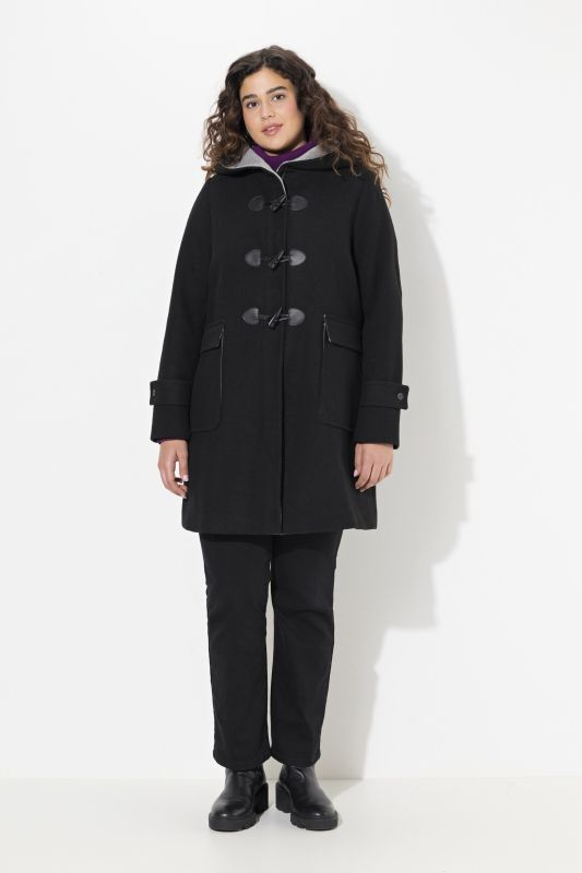 Duffle-coat en laine mélangée, silhouette en A avec capuche et boutons Brandebourg
