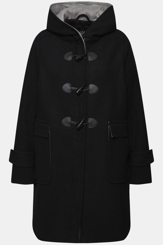 Duffle-coat en laine mélangée, silhouette en A avec capuche et boutons Brandebourg