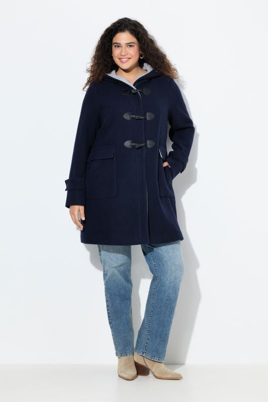 Duffle-coat en laine mélangée, silhouette en A avec capuche et boutons Brandebourg