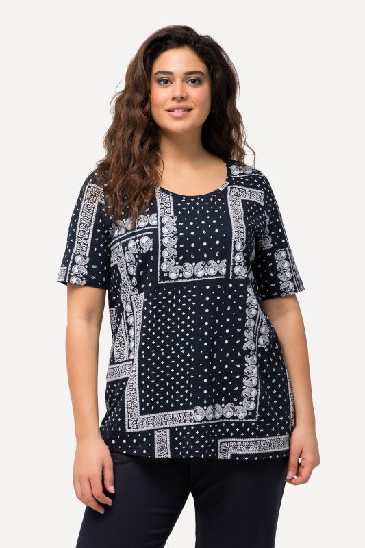 T-shirt en coton bio à motif patchwork, avec col rond et manches courtes - silhouette évasée