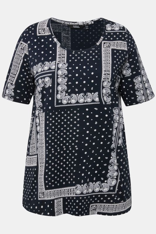 T-shirt en coton bio à motif patchwork, avec col rond et manches courtes - silhouette évasée
