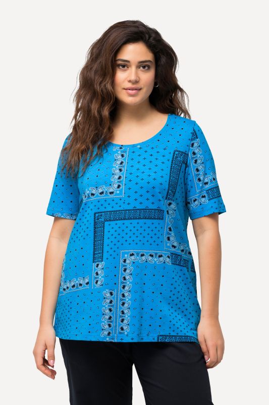 T-shirt en coton bio à motif patchwork, avec col rond et manches courtes - silhouette évasée