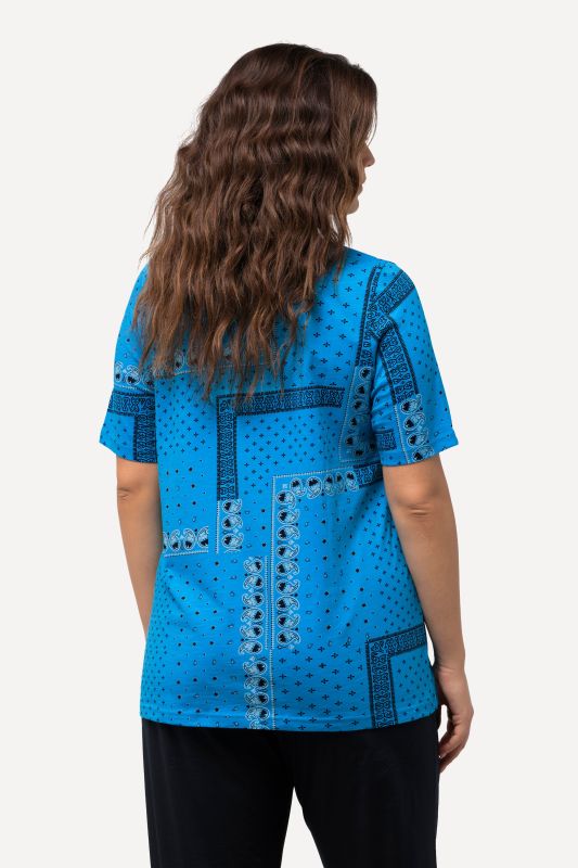 T-shirt en coton bio à motif patchwork, avec col rond et manches courtes - silhouette évasée