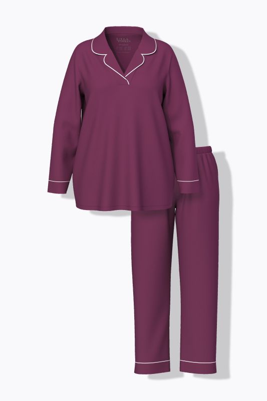 Pyjama manches longues, passepoils fantaisie, décolleté en V