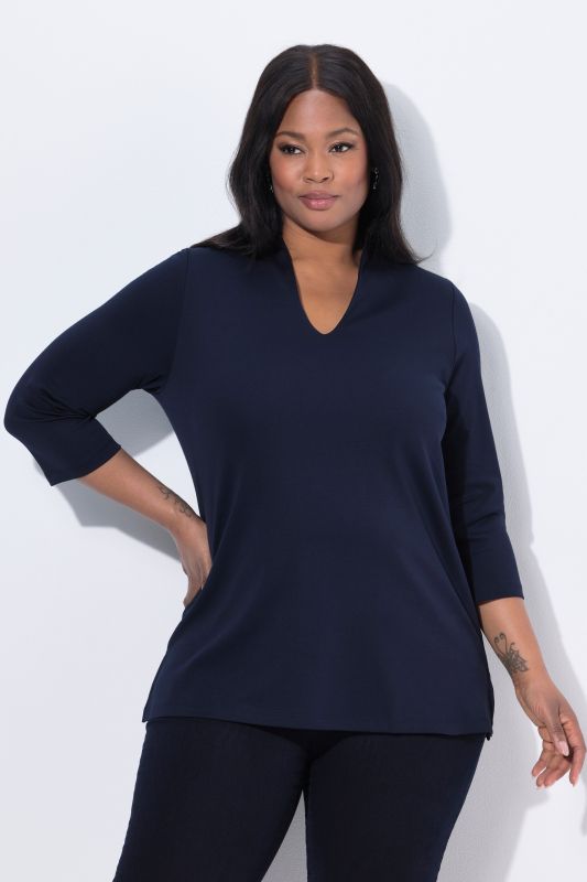 T-shirt à manches 3/4 et col calice en coton Pima, ligne en A