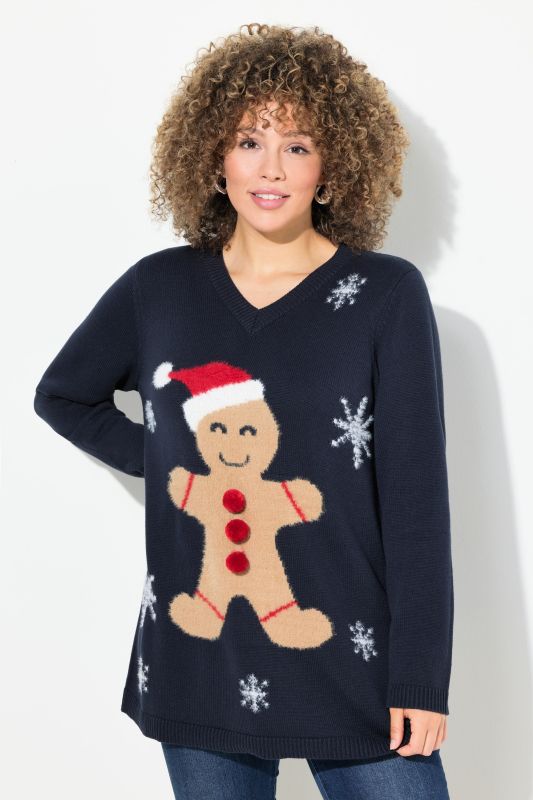 Pull de Noël à col en V et manches longues, motif bonhomme en pain d'épices