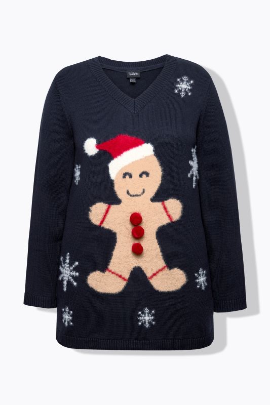Pull de Noël à col en V et manches longues, motif bonhomme en pain d'épices