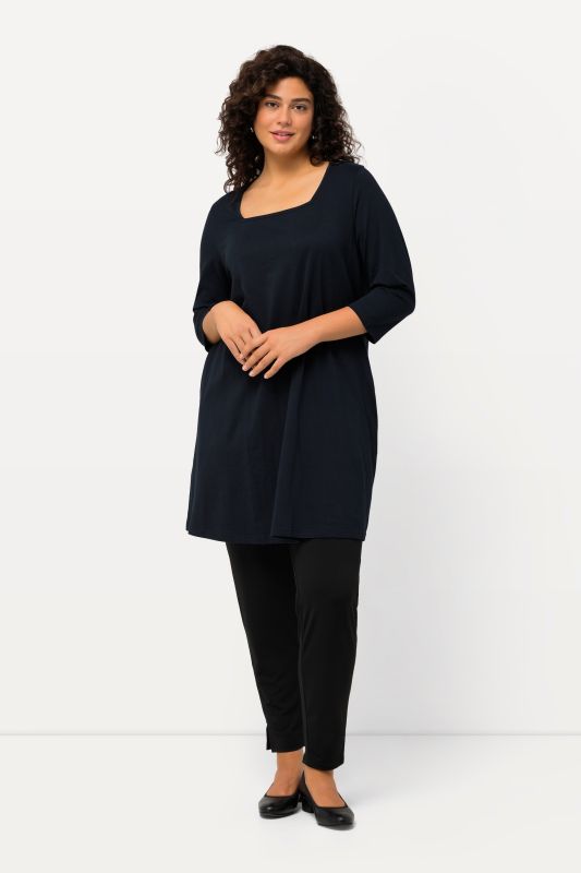 T-shirt long, coupé évasée, décolleté carré et manches 3/4
