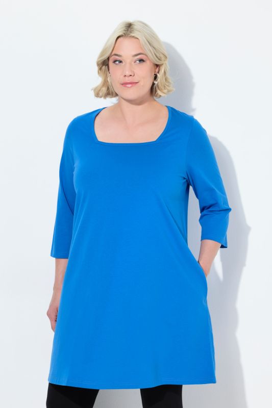 T-shirt long, coupé évasée, décolleté carré et manches 3/4