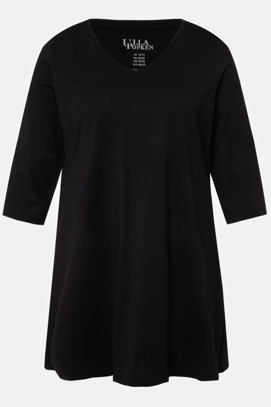 T-shirt long, coupe évasée, décolleté en V et manches 3/4