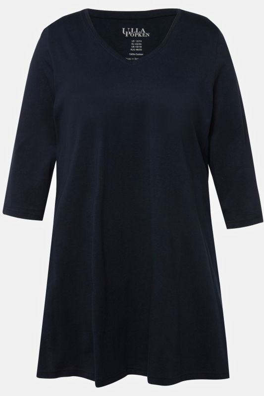 T-shirt long, coupe évasée, décolleté en V et manches 3/4