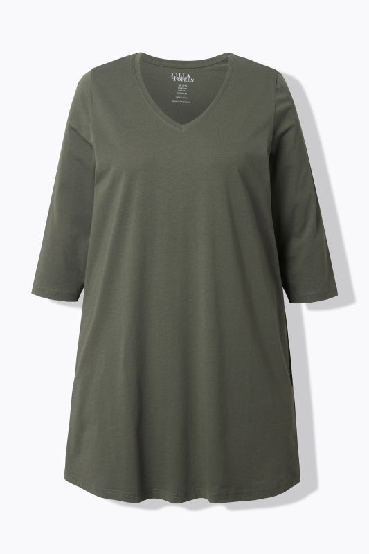 T-shirt long, coupe évasée, décolleté en V et manches 3/4