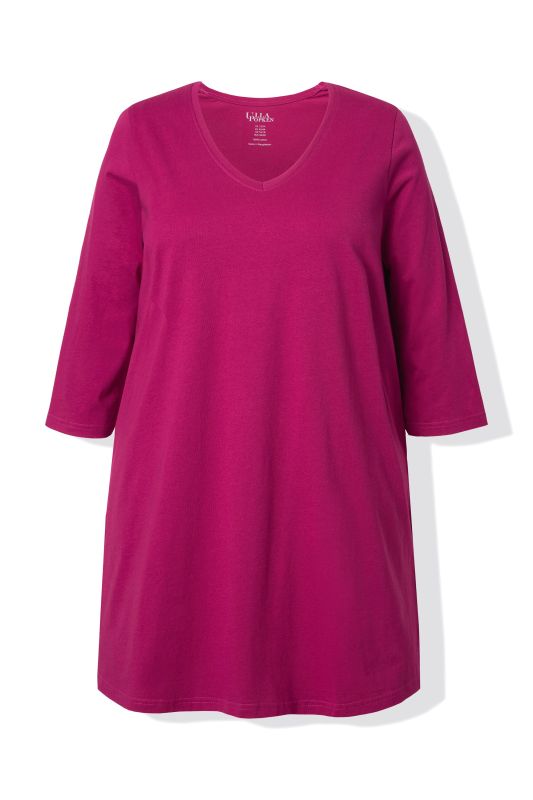 T-shirt long, coupe évasée, décolleté en V et manches 3/4
