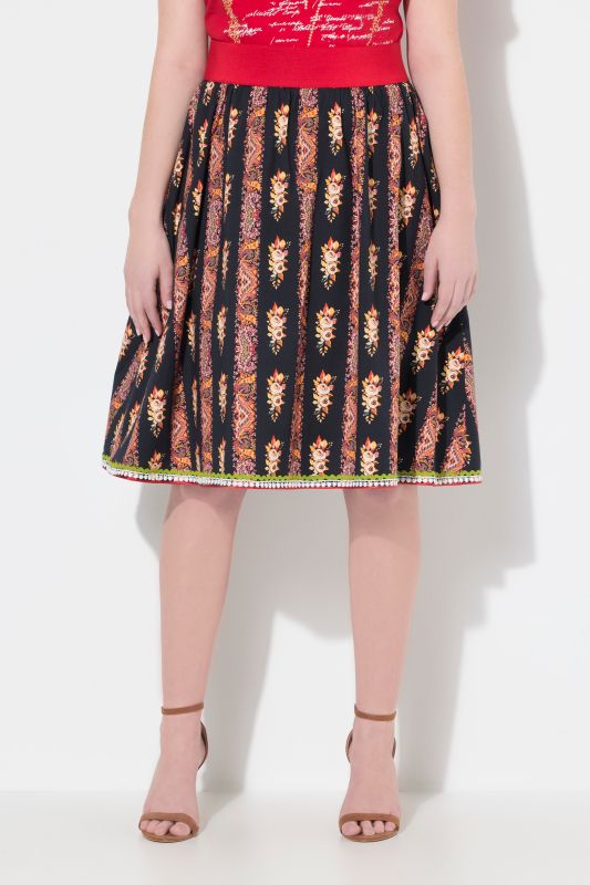 Jupe trapèze style tyrolien avec taille élastique, rubans fantaisie et dentelle