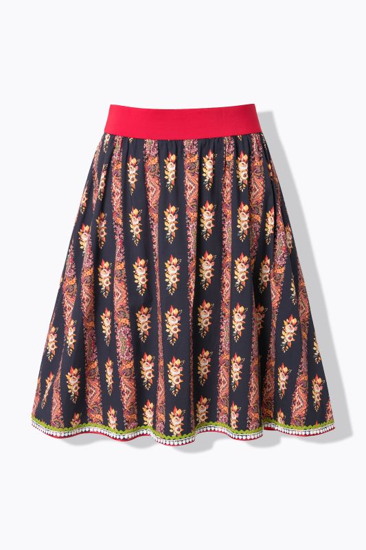 Jupe trapèze style tyrolien avec taille élastique, rubans fantaisie et dentelle