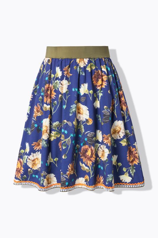 Jupe trapèze style tyrolien avec taille élastique, rubans fantaisie et dentelle