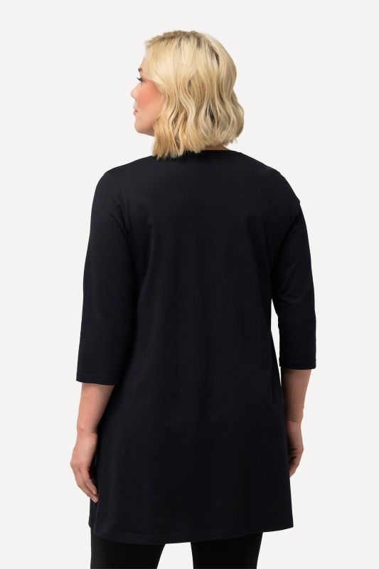 T-shirt long, décolleté en V et manches 3/4, coutures fantaisie, coupe évasée