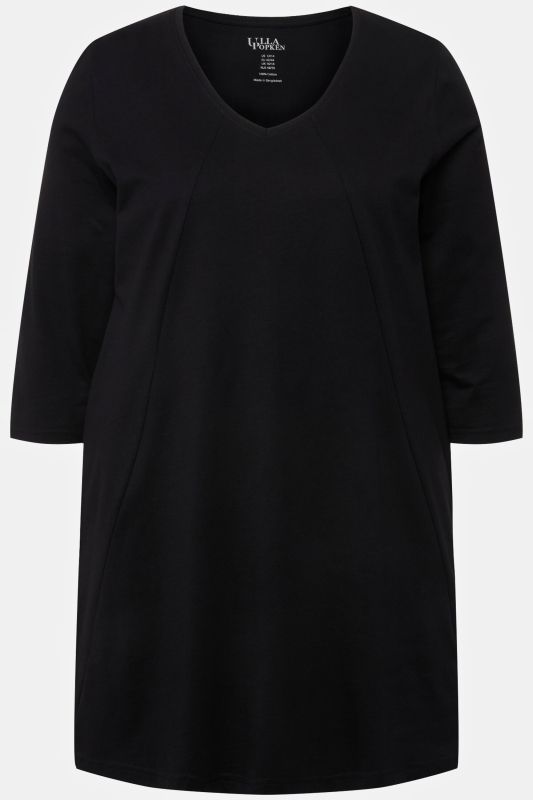 T-shirt long, décolleté en V et manches 3/4, coutures fantaisie, coupe évasée