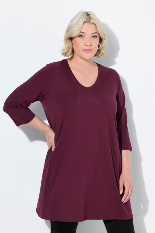 T-shirt long, décolleté en V et manches 3/4, coutures fantaisie, coupe évasée