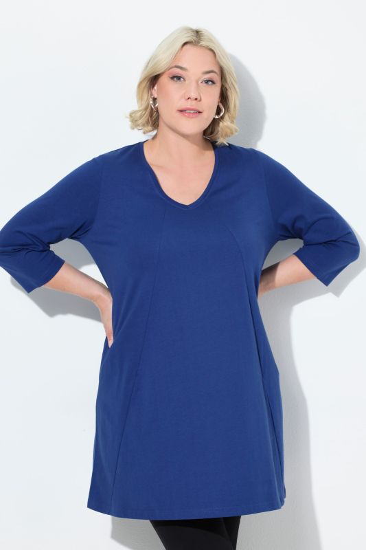 T-shirt long, décolleté en V et manches 3/4, coutures fantaisie, coupe évasée