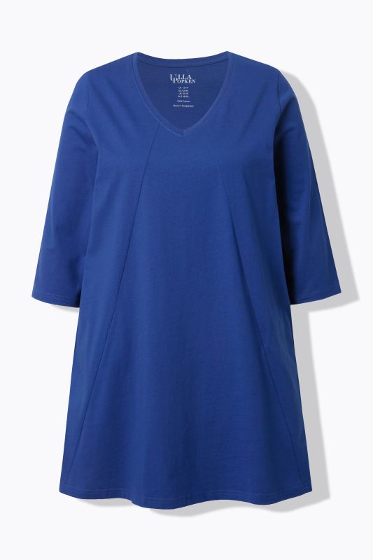 T-shirt long, décolleté en V et manches 3/4, coutures fantaisie, coupe évasée