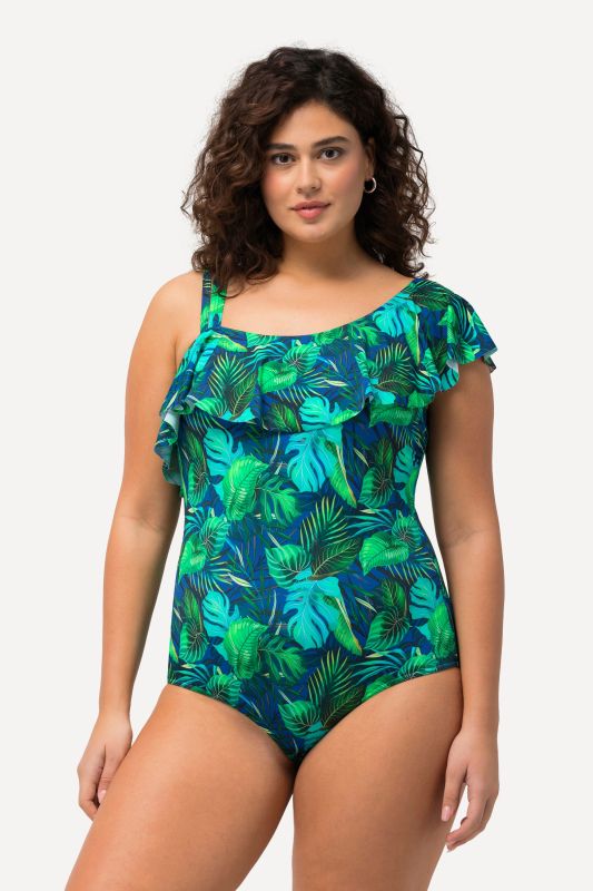 Maillot de bain avec bonnets souples. Imprimé jungle et volant