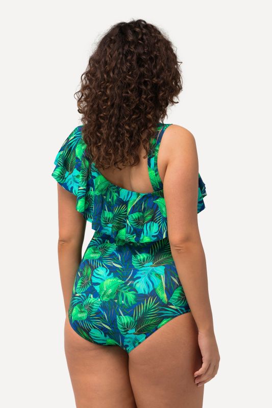 Maillot de bain avec bonnets souples. Imprimé jungle et volant