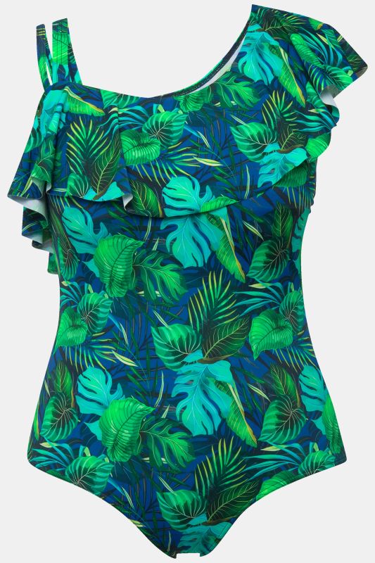 Maillot de bain avec bonnets souples. Imprimé jungle et volant