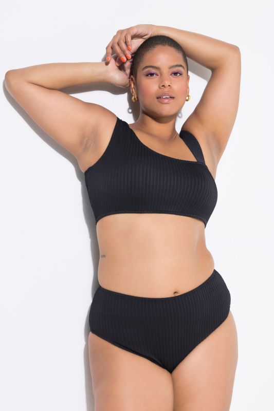 Haut de bikini, effet épaule nue. Bonnets souples. Matière à rayures texturées
