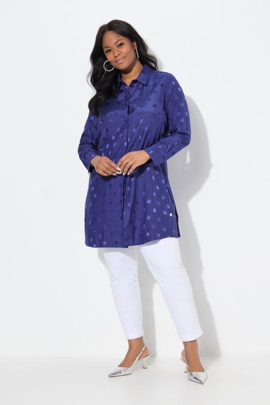 Blouse longue à pois jacquard avec col de chemise et manches longues