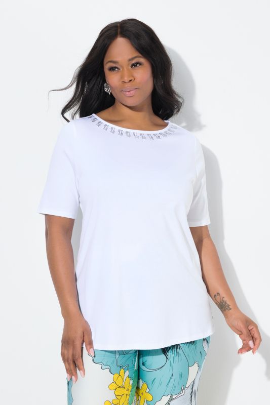 T-shirt à strass fantaisie, coupe évasée et manches courtes