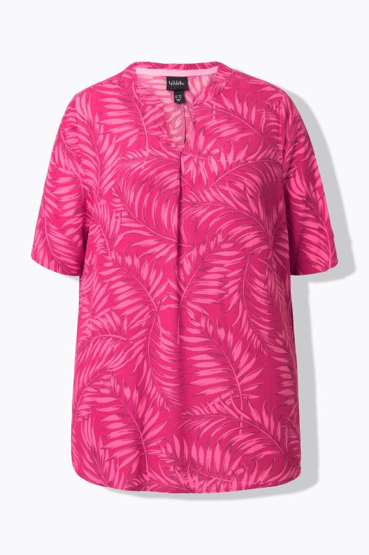 Blouse en crêpe motif palmiers à manches courtes et encolure en V. Ligne A