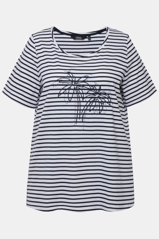 T-shirt à col rond et manches courtes. Broderie palmiers et rayures.