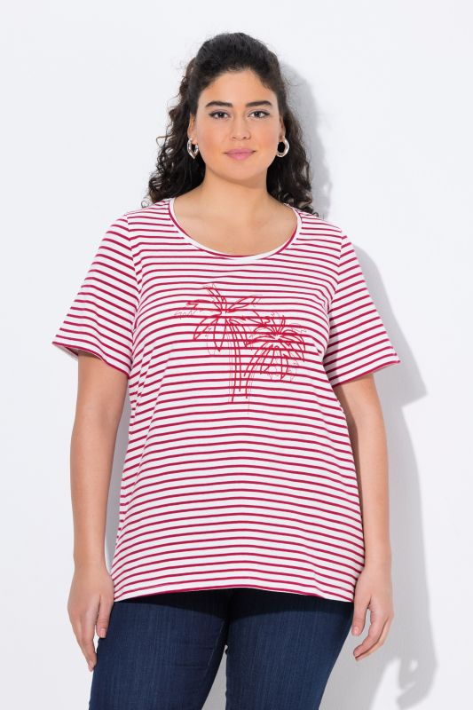 T-shirt à col rond et manches courtes. Broderie palmiers et rayures.