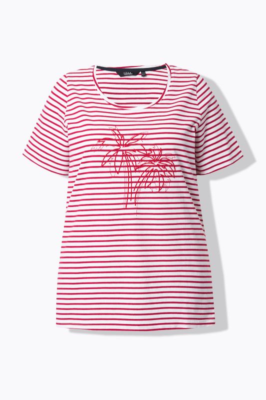 T-shirt à col rond et manches courtes. Broderie palmiers et rayures.
