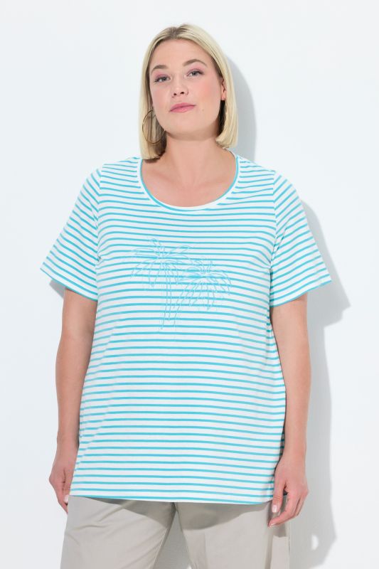 T-shirt à col rond et manches courtes. Broderie palmiers et rayures.